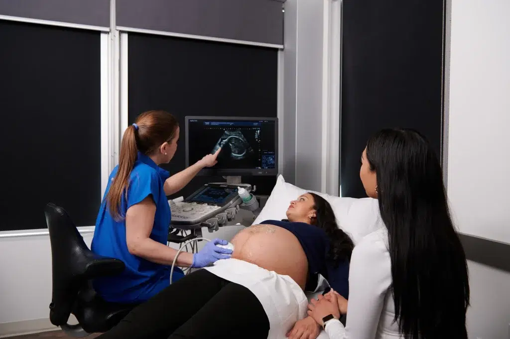 A technician uses an ultrasound machine to show a pregnant person their baby.
