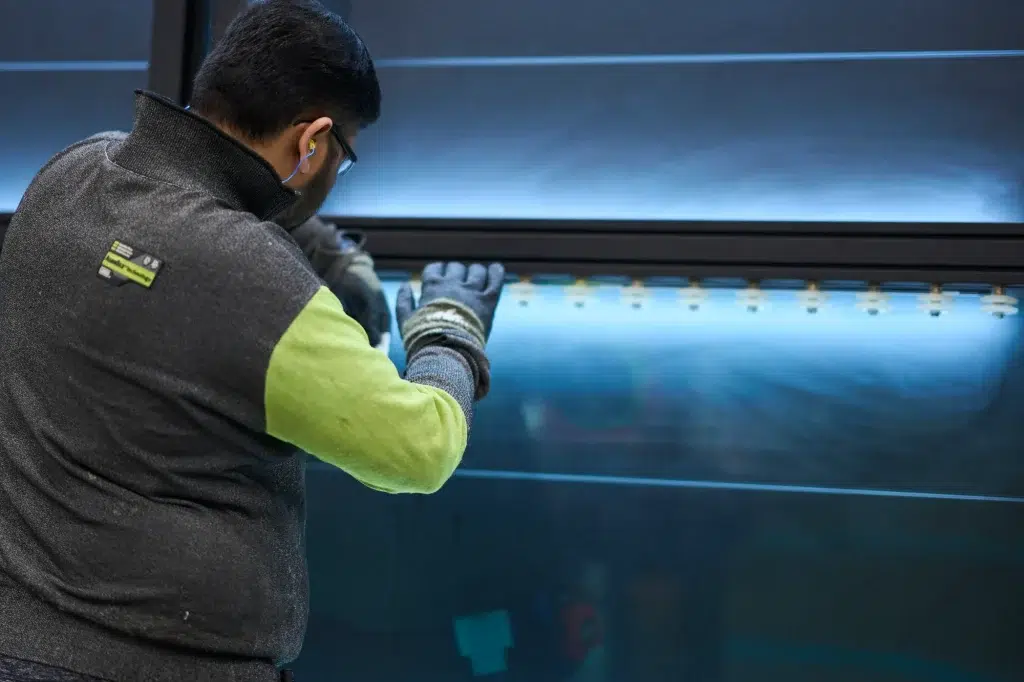 An expert in PPE handles a glass panel in a factory for a corporate video in Alberta.