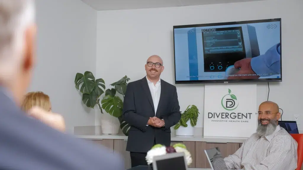 A person gives a presentation as part of a professional services video.